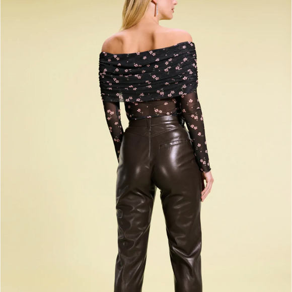 AFRM Black Floral Off the Shoulder Mesh Top MEDIUM Ruched Sheer Bodycon Pink $68 - Picture 3 of 12